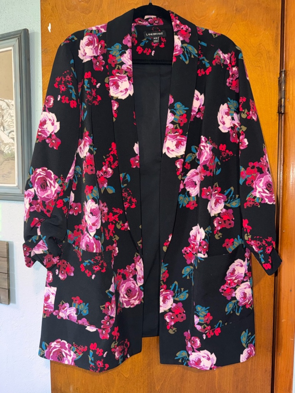 Lane Bryant Black Floral Open Blazer with Pink and Red Roses